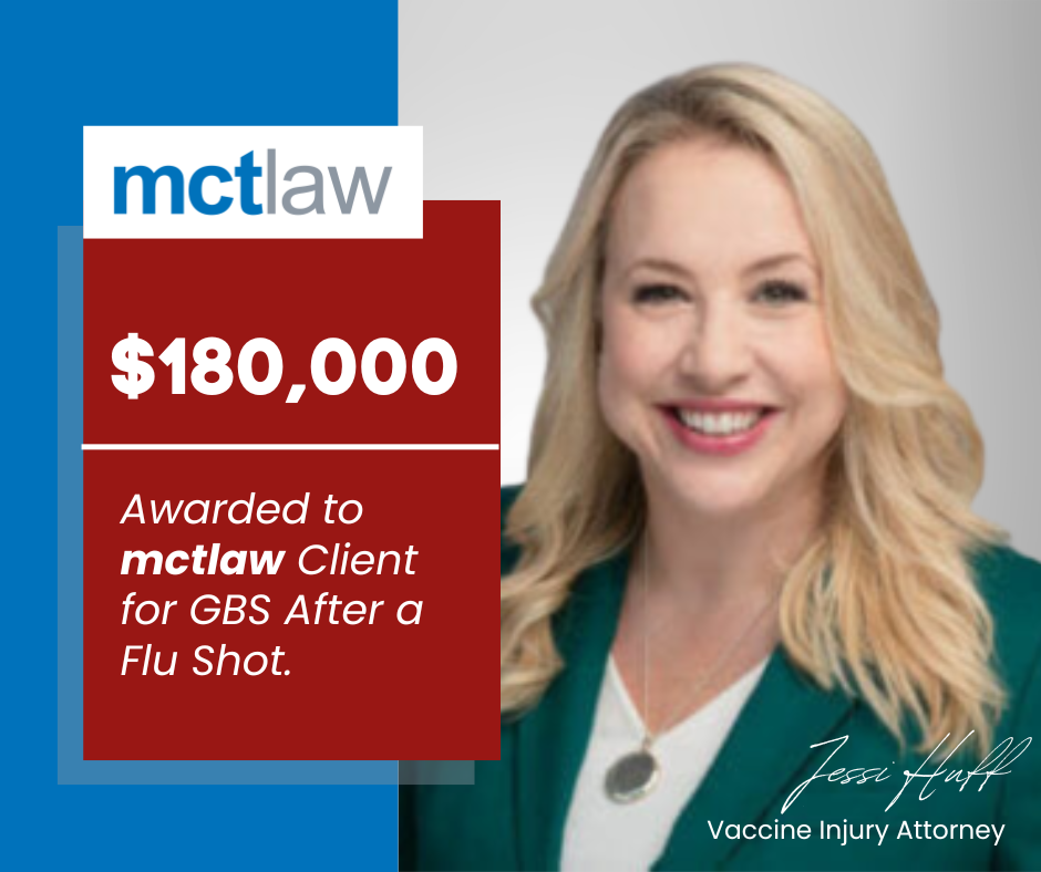 Promotional graphic showing a woman’s portrait alongside text highlighting a $180,000 award for an MCT Law client after a flu shot, with firm branding included
