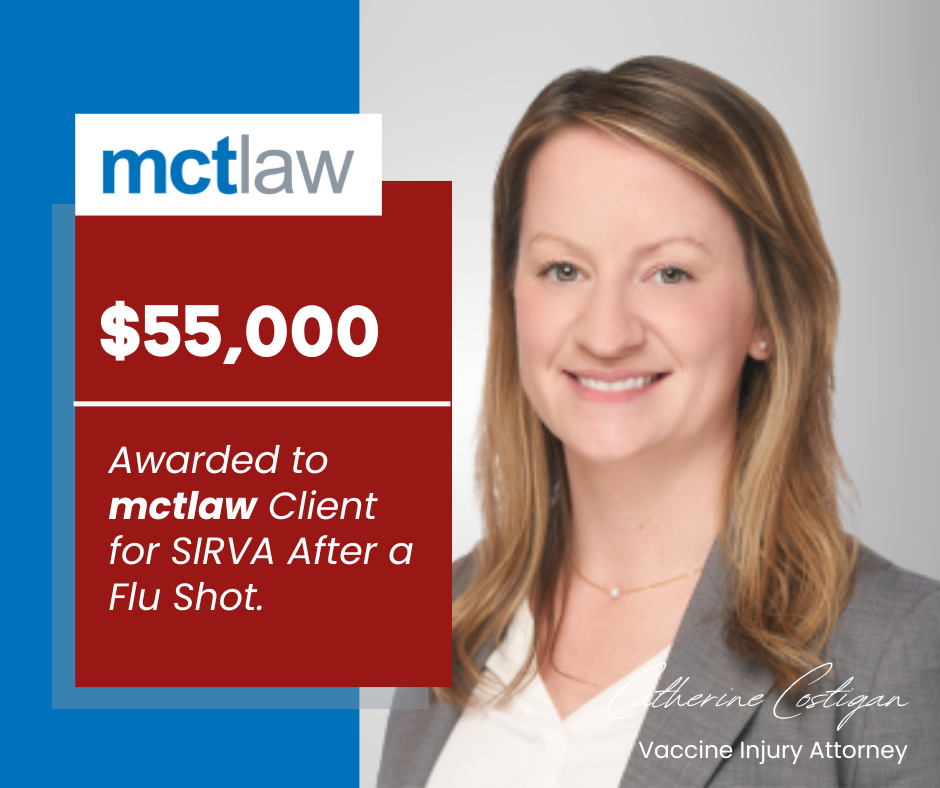 Promotional graphic showing a woman’s portrait alongside text highlighting a $55,000 award for an MCT Law client after a flu shot, with firm branding included
