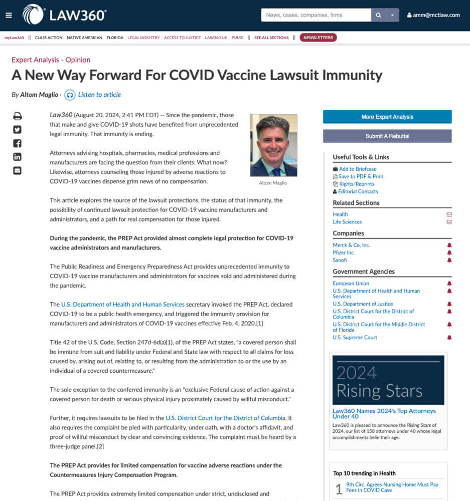 New policy document outlining COVID-19 vaccine liability immunity for manufacturers and healthcare providers.