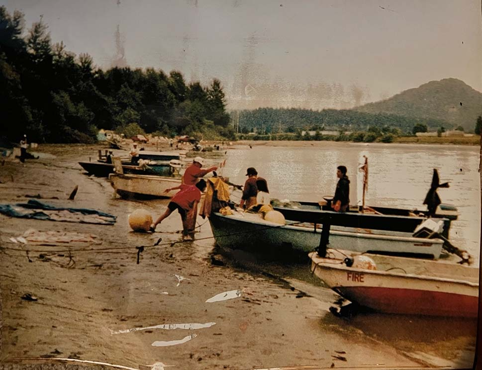 Sauk-Suiattle fishermen on the Skagit River in 1985. The location was near Mount Vernon, Washington, and it was known as Sauk Camp because of the large number of Sauk-Suiattle boats that were kept there.
