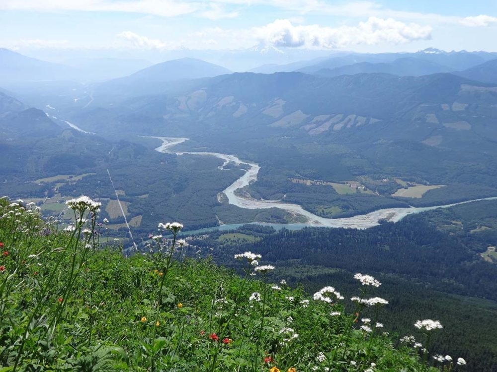 Panoramic view of Skagit Valley from the meadow of Sauk Mountain.