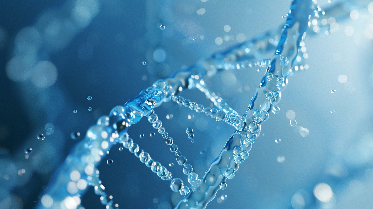 Close-up of a DNA double helix with blue tones and soft lighting, highlighting genetic structure and scientific research theme