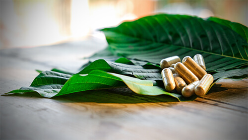 Several herbal capsules placed on large green leaves resting on a wooden surface, suggesting natural or plant-based supplements in a calm, organic setting.