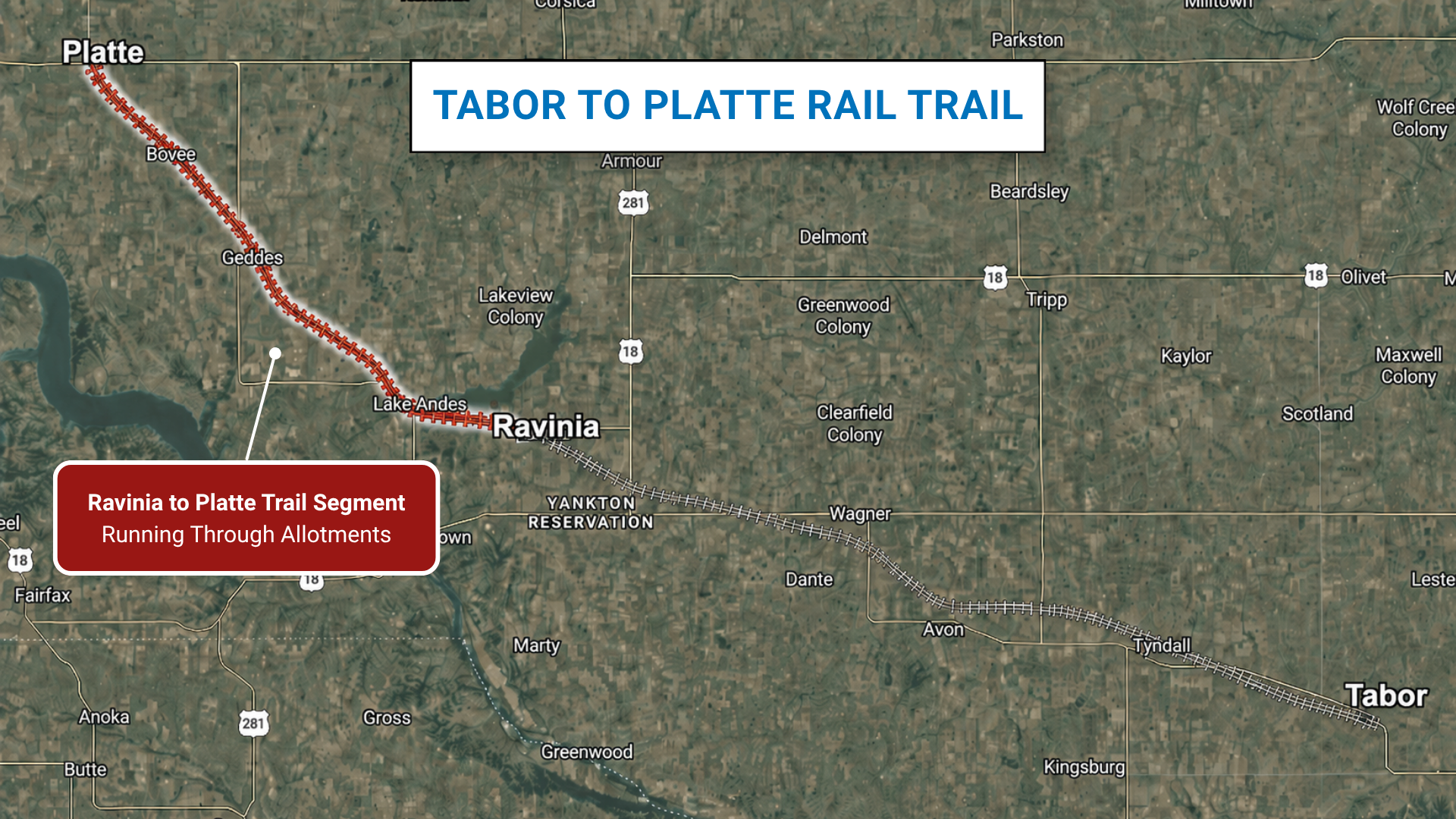 Map of the Tabor to Platte Rail Trail in South Dakota